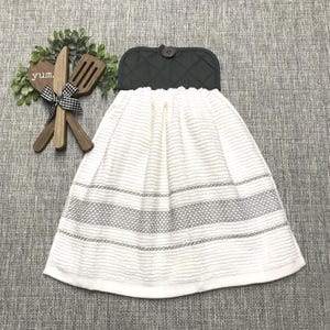 Hanging Greige Kitchen Towel with Potholder Top: Heavy Cotton Dish Towel