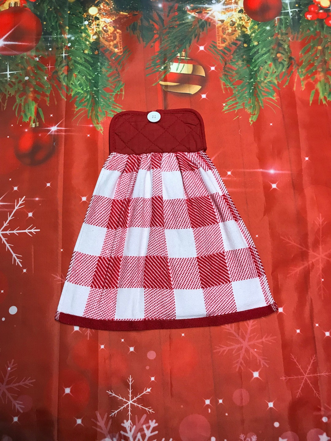 Red & White Holiday Christmas Hanging Kitchen Towel With Holder