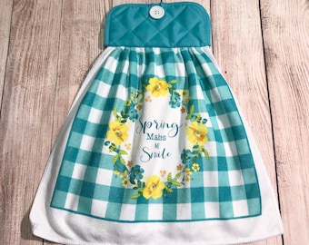 Spring Makes Me Smile Hanging Kitchen Towel: Teal & Yellow Decor