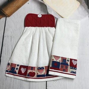Patriotic Patchwork Kitchen Towel: Red White Blue Stars & Hearts