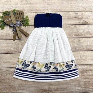 Hanging Kitchen Towel: Heavy Cotton, Blue & Gold Butterflies