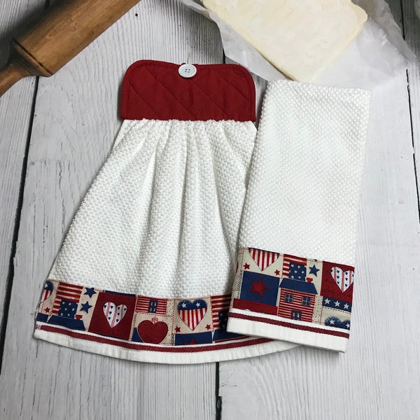 Red, White, & Blue Stars Stripes Hearts Double Layer Decorative Kitchen Towels with Holders, Kitchen Hanging Towel, Bathroom Hand Towel