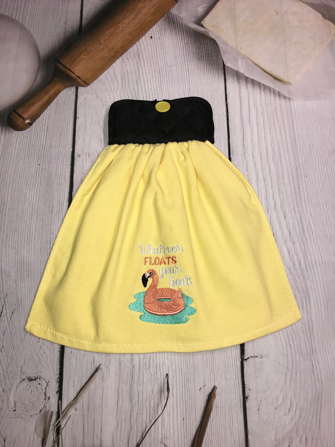 Embroidered Pink Flamingo Hanging Kitchen Towel, Pink Flamingo Hanging