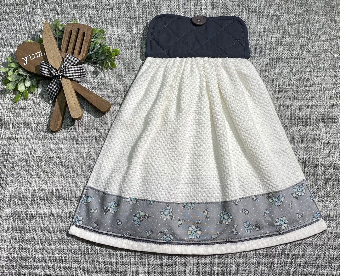 Gray & Blue Floral Kitchen Towels With Holders, Gray and Blue