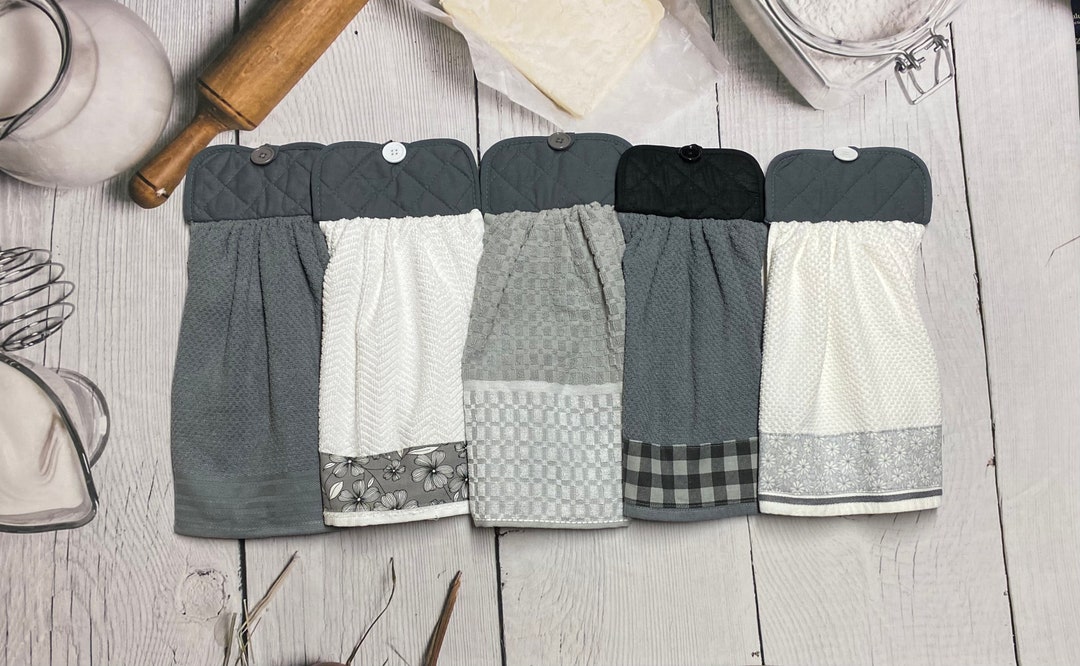 Heavy Greige Gray Hanging Kitchen Dish Towels With Holders, Gray