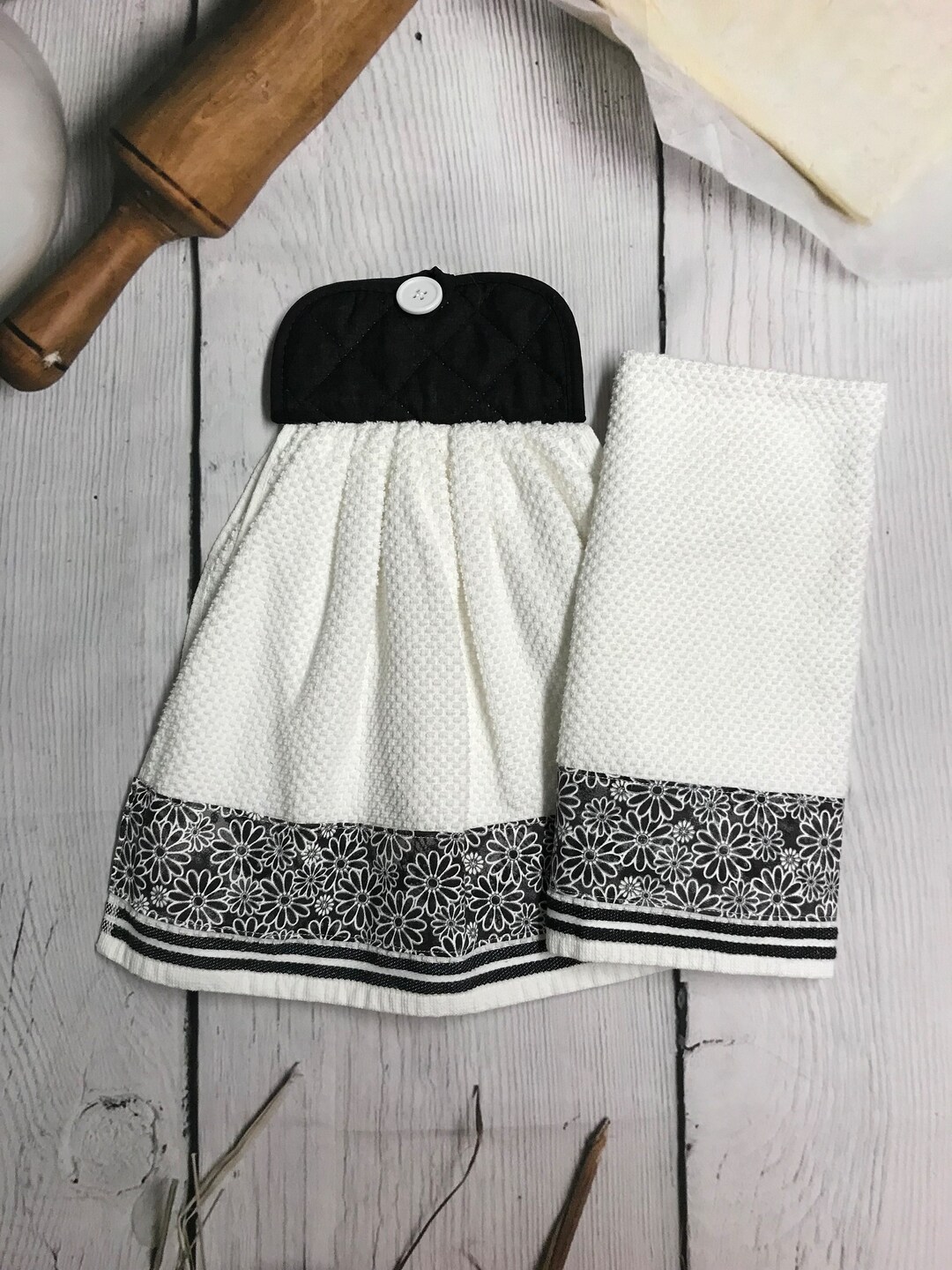 Black & White Daisies Kitchen Towels With Holders, Floral Hanging