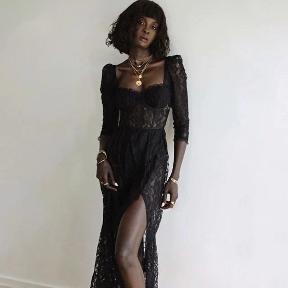 Maxi Long Romantic Black Lace Dress 