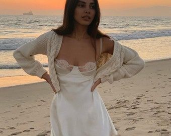 long white satin slip dress
