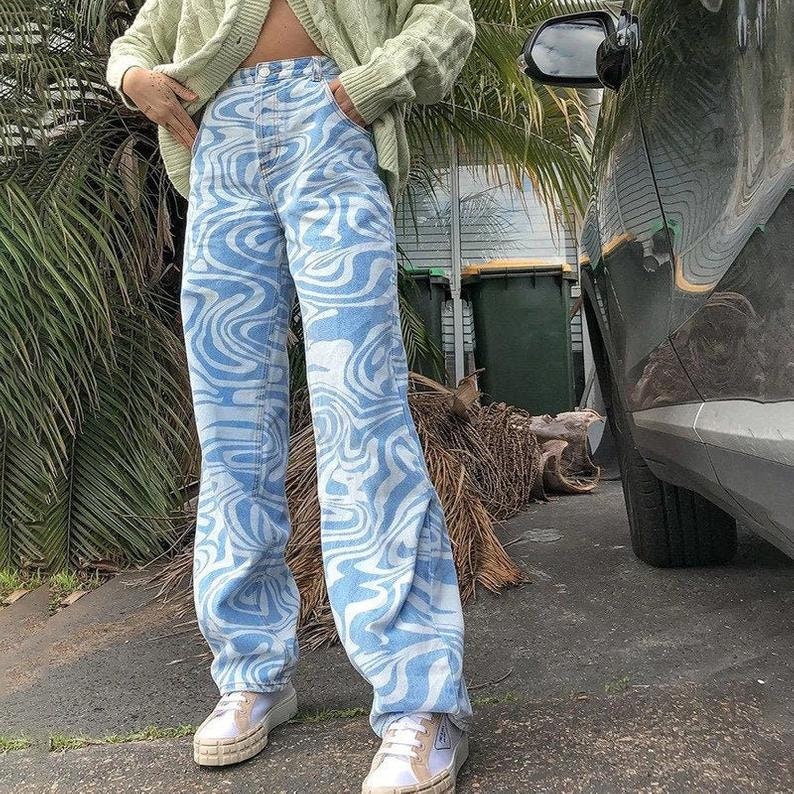 Abstract Swirl Zebra Print Jeans Blue 