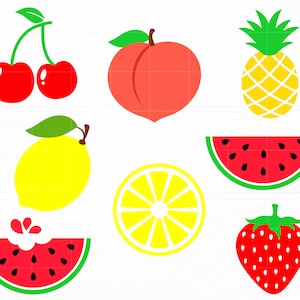 Fruit SVG Été Svg Fruits tropicaux Svg Citron Fraise Pêche pastèque Cerise Ananas Svg Png Fichier pour Cricut Silhouette Fruit Cut File