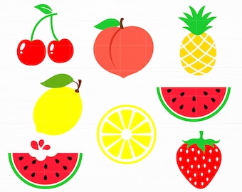 Frucht SVG Sommer Svg Tropische Frucht Svg Zitrone Erdbeer Pfirsich Wassermelone Kirsche Ananas Svg Png Datei für Cricut Silhouette Fruit Cut Datei