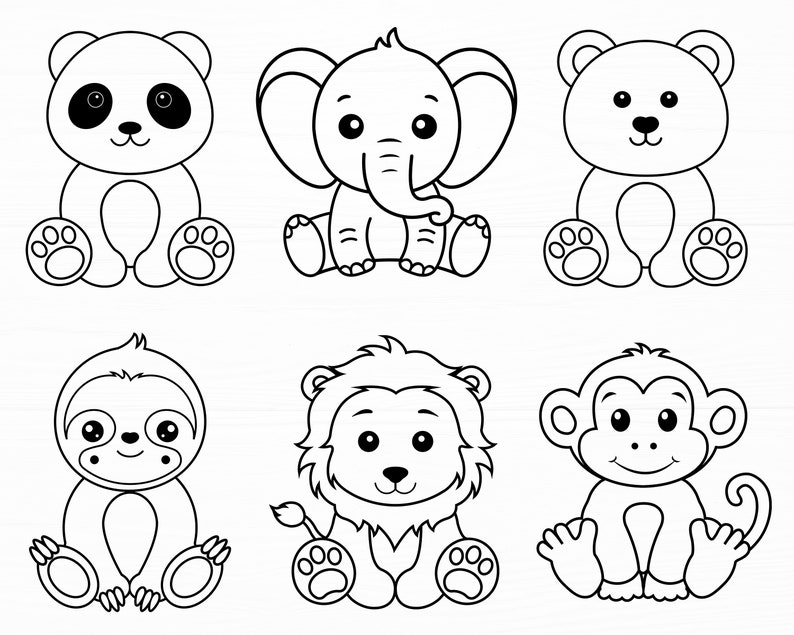 May include: Black and white line art illustrations of six different animals: a panda, an elephant, a bear, a sloth, a lion, and a monkey. All animals are sitting down with their paws or hands in front of them.