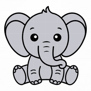 May include: A cartoon illustration of a grey elephant with large ears, sitting with its legs crossed. The elephant has a small trunk and big, round eyes.