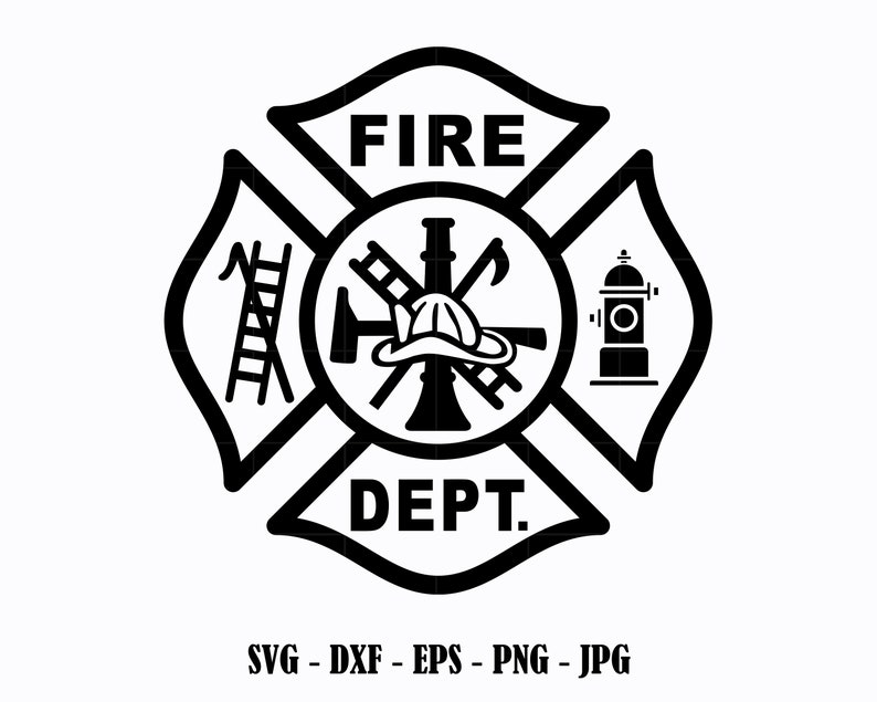 May include: Black and white illustration of a fire department emblem. The emblem is a cross with four points, each point containing a fire-related symbol: a ladder, a fire hydrant, an axe, and a fireman's helmet. The words "FIRE DEPT." are written in a circle around the center of the cross.