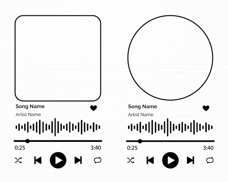 Op de afbeelding: Een zwart-witte muziekspelerinterface met een vierkant en een cirkel als tijdelijke aanduiding voor albumkunst. De interface bevat een titel van een nummer, een artiestennaam, een voortgangsbalk en afspeelbesturing.