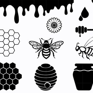 May include: Black and white illustrations of honey related items, including a bee, honeycomb, a jar of honey, a dripping honey dipper, and a flower.