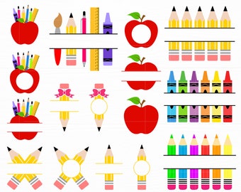 Puede incluir: Un conjunto de 16 imágenes de clipart digitales que representan útiles escolares, incluidos lápices, crayones, reglas y manzanas. Las imágenes son perfectas para crear manualidades de regreso a clases, decoraciones de aula o regalos personalizados.