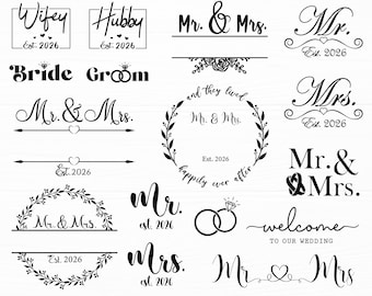 Wedding SVG Bundle, Mr. & Mrs. Clipart Wedding Invitation Cut Files for Cricut