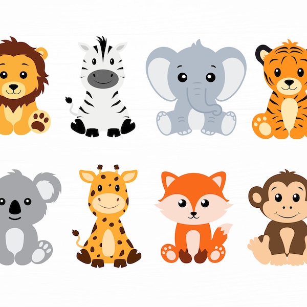 Bébés Animaux Svg Bundle Jungle Animal Svg Lion Zebra Elephant Tiger Koala Giraffe Fox Monkey Svg Fichiers pour Cricut Mignon Doux Animaux