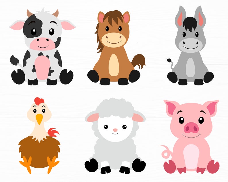 以下が含まれることがあります： 牛、馬、ロバ、鶏、羊、豚を含む、6匹の漫画の農場動物のセット。動物はすべて座っていて、顔に友好的な表情をしています。