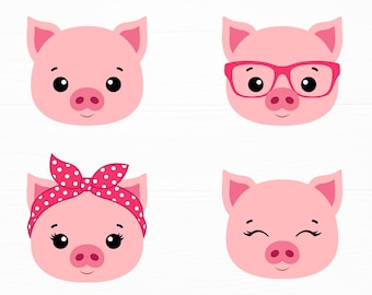 Cute Pig Face Svg Bundle Baby Pig Svg Pig with Bandana Glasses Animal Face Svg Farm Animal Svg Pig Png Clipart Digital Download