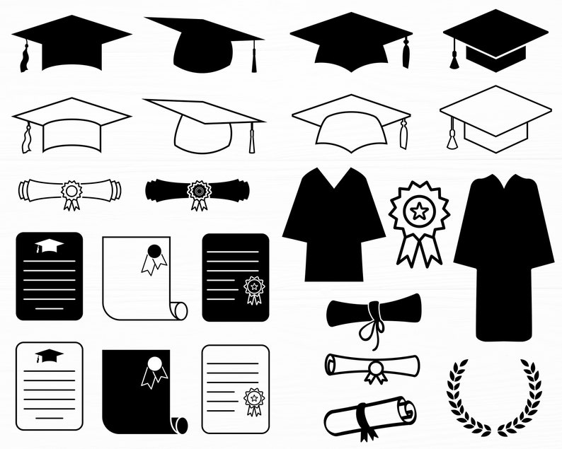 May include: Black and white graduation icons including caps, gowns, diplomas, and awards.  These icons are perfect for creating graduation invitations, cards, or other celebratory materials.