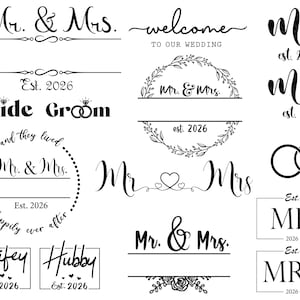 Puede incluir: Una colección de gráficos en blanco y negro con temática de boda. Los diseños incluyen "Mr. & Mrs.", "Bride & Groom", "Welcome to our Wedding" y "Wifey & Hubby". También incluye ilustraciones de anillos y el año "2026".