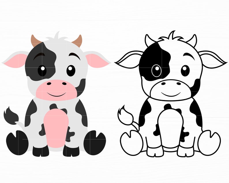 Peut inclure: Une vache de dessin anim&eacute; noire et blanche avec des accents roses assise sur ses pattes arri&egrave;re. La vache a de grands yeux et un sourire amical.