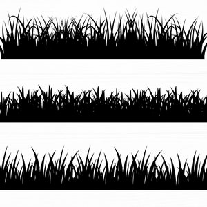 May include: Three black silhouette images of grass. Each image shows a different style of grass, with varying heights and densities. The grass blades are detailed and create a natural, textured appearance. The images are set against a white background.