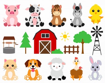 Boerderijdieren Svg Bundel Boerderij Svg Schattige boerderijdieren Svg Varkenskoeien Paard Ezel schapen Svg Schuur Windmolen Waterput Svg Boerderij Png Digitale Download