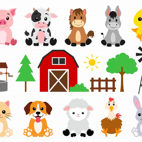 Bauernhof Tiere Svg Bundle Bauernhof Svg Niedliche Bauernhof Tiere Svg Schwein Kuh Pferd Esel Schaf svg Scheune Windmühle Wasser Brunnen Svg Farm Png Digital Download