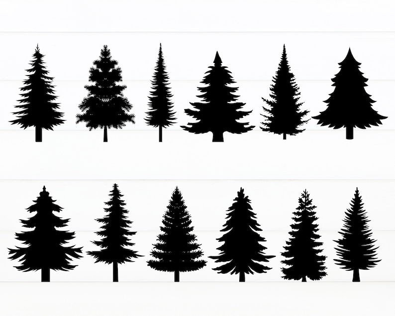 May include: Silhouettes of 12 black pine trees, arranged in two rows of six trees each. The trees are all different shapes and sizes, but they are all facing the same direction.