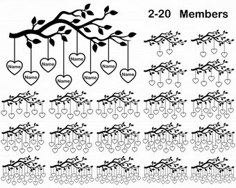 Paquete de árboles genealógicos Svg 2-20 miembros Árbol genealógico Svg Árbol de la vida Svg Rama del árbol genealógico Svg Árbol del corazón genealógico Svg Descarga digital