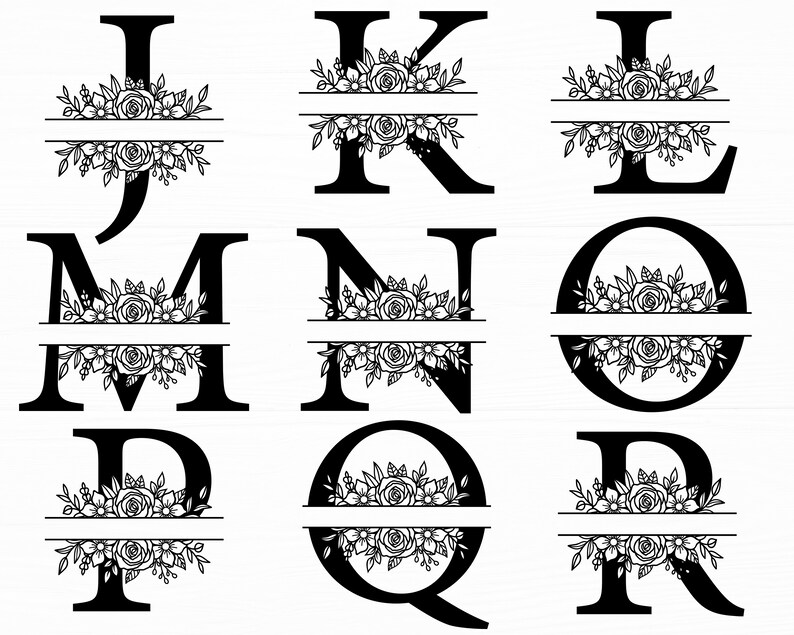 W/split Monogram Roses Floral Split Letters Svg Floral Alphabet Svg Letter Svg Split Monogram ...