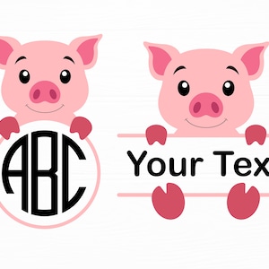 Könnte beinhalten: Zwei rosa Schweineillustrationen. Ein Schwein hält einen Kreis mit den Buchstaben ABC darin. Das andere Schwein hält ein Schild mit der Aufschrift "Ihr Text".
