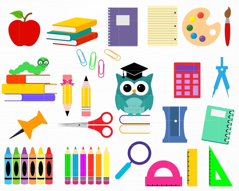 Pode incluir: Uma cole&ccedil;&atilde;o de materiais escolares coloridos, incluindo uma ma&ccedil;&atilde; vermelha, uma pilha de livros, um caderno roxo, um l&aacute;pis, um verme verde, uma coruja azul usando um chap&eacute;u de formatura, uma calculadora vermelha, um compasso, um apontador de l&aacute;pis, um caderno verde, um alfinete, um conjunto de giz de cera, um conjunto de l&aacute;pis de cor, uma lupa, um transferidor rosa, uma r&eacute;gua amarela e um tri&acirc;ngulo verde.