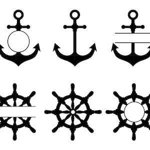 May include: Set of six black and white SVG cut files featuring nautical designs. The designs include anchors and ship's wheels with spaces for personalisation.