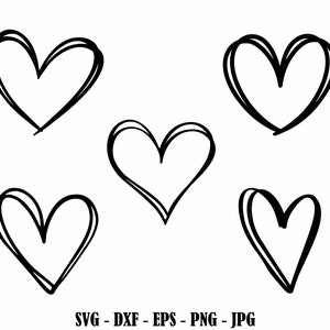 May include: Five black and white hand-drawn heart shapes. The hearts are all different sizes and have a slightly different shape.