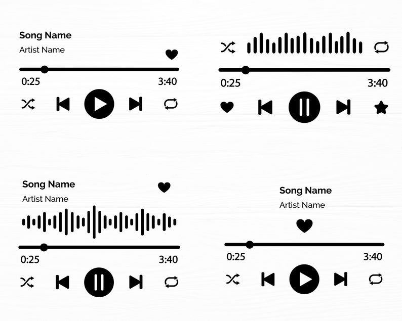 May include: Black and white music player interface with controls for play, pause, skip forward, skip back, shuffle, repeat, and like. The interface also includes a progress bar with timestamps of 0:25 and 3:40.