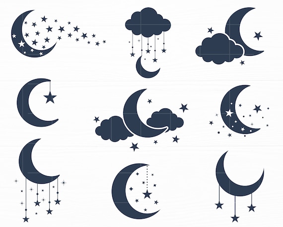 Moon PNG, Moon Clipart, Moon, Clouds and Stars, Digital Download