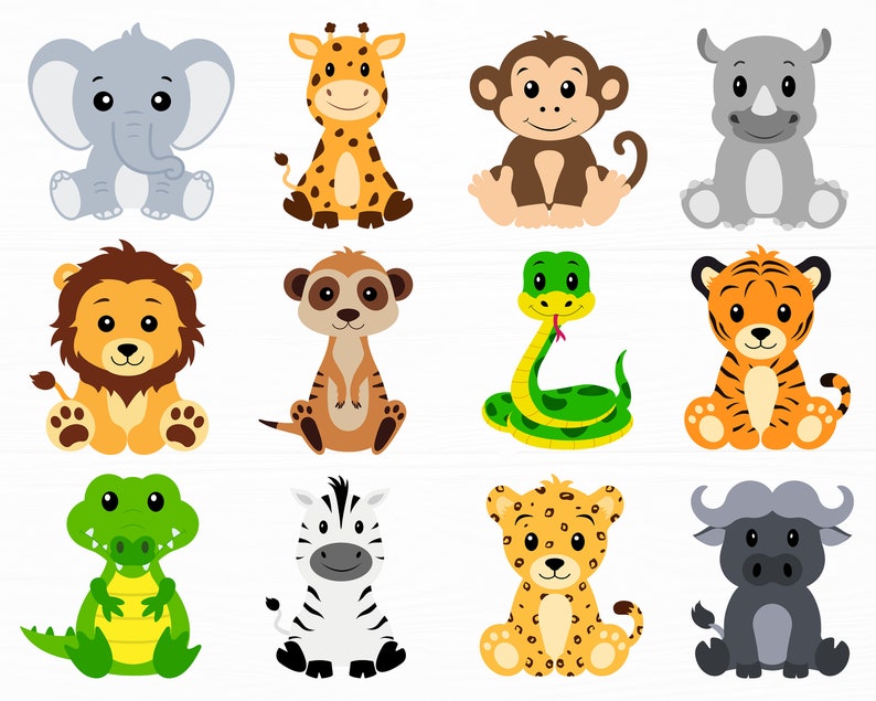 May include: A set of 12 cartoon animal illustrations featuring a lion, tiger, elephant, giraffe, monkey, rhino, snake, zebra, crocodile, meerkat, leopard, and buffalo. Each animal is sitting down and has a cute, cartoon-like appearance.
