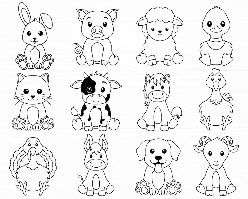 May include: Black and white line art illustrations of various farm animals, including a rabbit, pig, sheep, duck, cat, cow, horse, chicken, turkey, donkey, dog, and goat. The animals are all sitting down and facing forward.