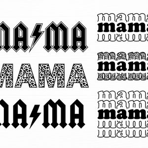 Könnte beinhalten: Schwarzweißes Grafikdesign mit dem Wort "mama" in verschiedenen Stilen. Das Wort "mama" wird in einer fetten, gotischen Schriftart dargestellt, mit einem Blitz zwischen dem "m" und dem "a". Das Wort "mama" wird auch in einem Leopardenmuster und in einer einfachen, fetten Schriftart dargestellt.