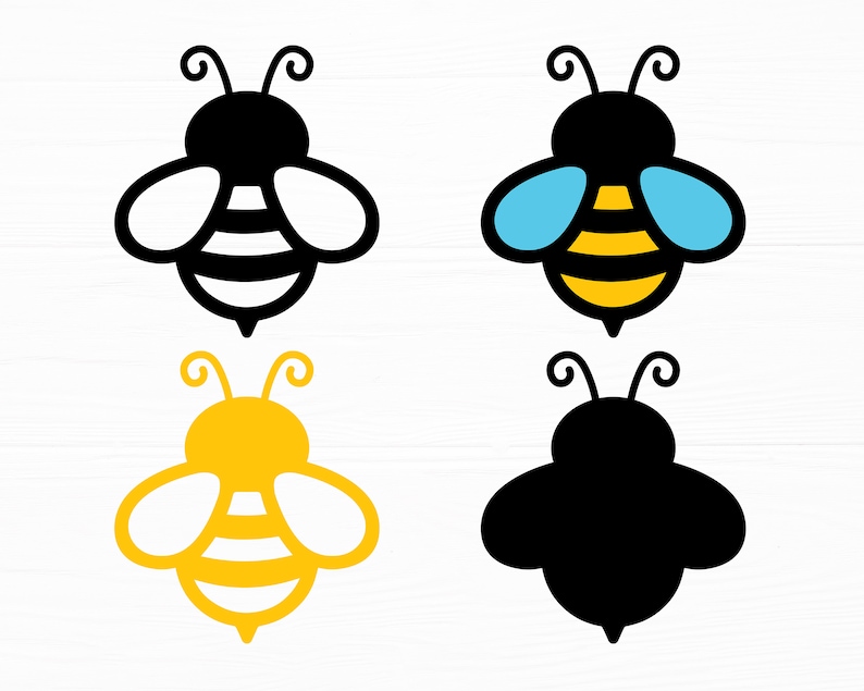 May include: Four cartoon bee illustrations in different color combinations. The bees are black and white, yellow and black, black and white with blue wings, and yellow and black with blue wings.