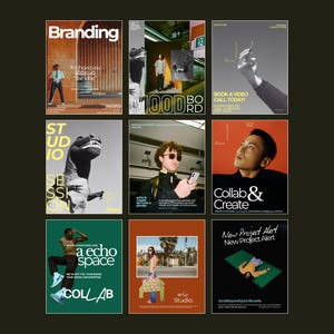 Op de afbeelding: Een verzameling van negen posters met verschillende ontwerpen en tekst. De posters hebben diverse kleurenschema's, waaronder oranje, groen en zwart. Tekst omvat "Branding", "Studio Session", "Mood Board", "Book a Video Call Today!", "Collab & Create" en "New Project Alert".