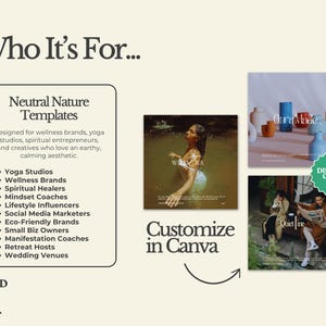 May include: A promotional graphic with the text "Who It's For..." and "Neutral Nature Templates." It lists target audiences like yoga studios and wellness brands. The image includes sample templates and the text "Customize in Canva."