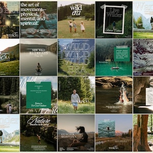 May include: A grid of 20 images with nature themes. The images feature text like "Wild Era", "Wander", and "Nature". The photos depict people in natural settings, including mountains, lakes, and forests. The color palette is earthy with greens and browns.