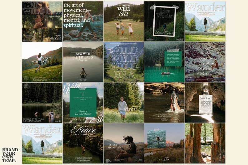 May include: A grid of 20 images with nature themes. The images feature text like "Wild Era", "Wander", and "Nature". The photos depict people in natural settings, including mountains, lakes, and forests. The color palette is earthy with greens and browns.