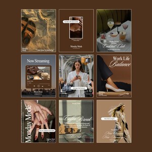 Op de afbeelding: Een verzameling van negen afbeeldingen met een bruine achtergrond. De afbeeldingen bevatten tekst en foto's met betrekking tot lifestyle-thema's zoals "Monday Mode", "Cocktail Club" en "Coffee Break". De afbeeldingen hebben een moderne, minimalistische esthetiek.