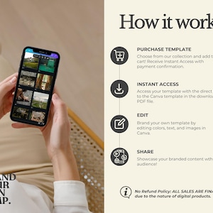 May include: A smartphone displaying a template design is held in front of a beige background. The image includes the text "How it works" and instructions for purchasing, accessing, editing, and sharing a template. The brand logo "BRAND YOUR OWN TEMP." is also visible.